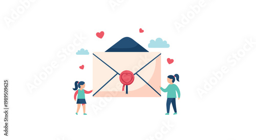 Two young girls in green and red shirts holding a large pink envelope with a red heart seal and floating hearts around it.