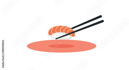 Single piece of salmon nigiri sushi being picked up by black chopsticks above a red circular shape on a white background.