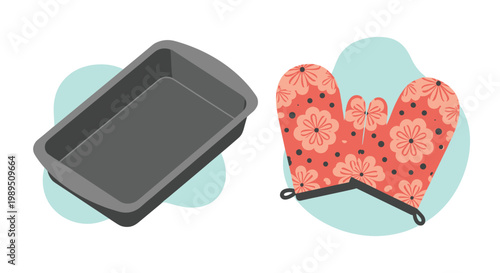 Grey metal rectangular baking pan and a matching red oven mitt with a white flower pattern for kitchen and cooking themes.