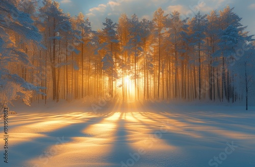 Golden sun rays pierce a snow-covered forest, casting long shadows across the icy ground