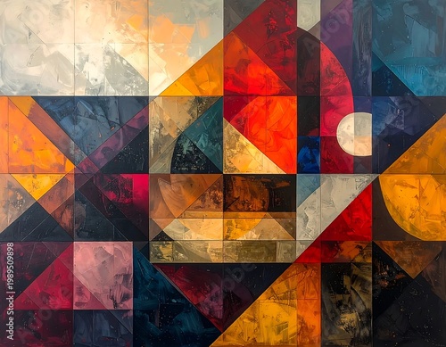 Abstract geometric painting composed of colorful angular shapes and textures, featuring triangles, squares, and curved forms