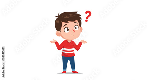 Young boy in a red and white striped shirt shrugging his shoulders with a confused expression and a red question mark above him.