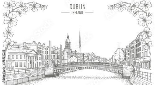 Photography Dublin cityscape line art with Hapenny Bridge Spire and shamrock borders