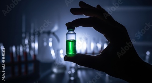 Hand Holding Luminous Green Vial in Laboratory