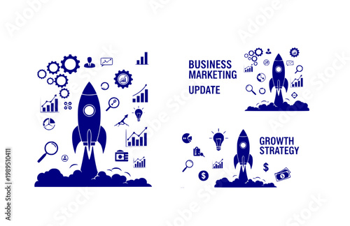 Business Marketing Update and Growth Strategy Banner. Black Vector Silhouette of Rocket Launching with Gears and Data Icons.