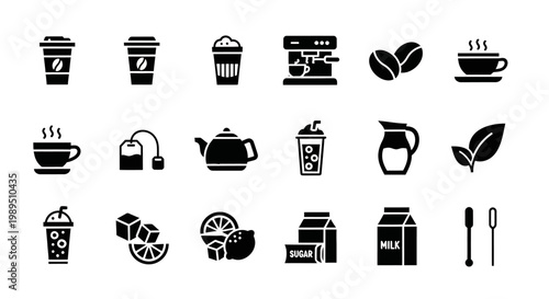 A collection of black silhouette icons representing various coffee, tea, and beverage items including cups, beans, teapots, milk, sugar, and stirrers.