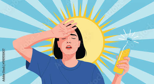 Young woman feeling hot and sweaty under a bright sun rays while holding a yellow bottle of refreshment to cool down in summer.