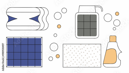 Flat design collection of cleaning and household product icons including spray bottle, cloth, and detergent.