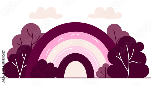 Soft pastel rainbow arching over a serene forest of stylized trees in a dreamy landscape.