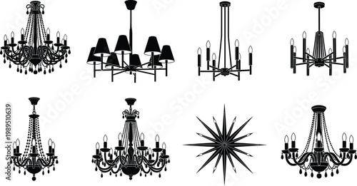 Chandelier vector illustration set, classic and modern hanging ceiling lights collection, luxury decorative lighting silhouettes isolated on background design
