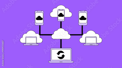 Digital illustration of cloud-based data synchronization across multiple devices.