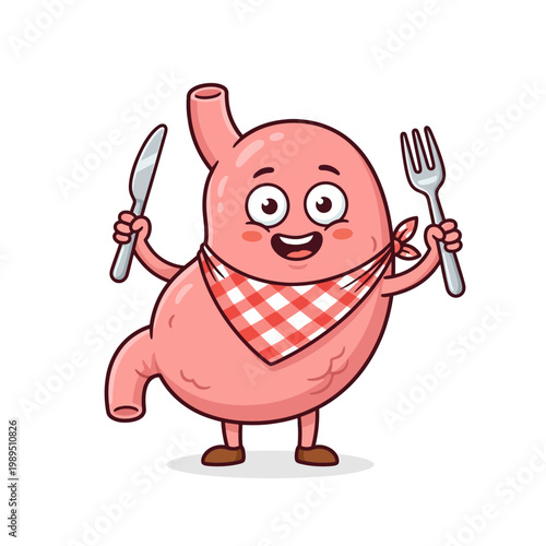 A cheerful cartoon stomach character holds a knife and fork excitedly wearing a bib.