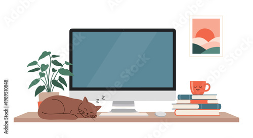 Peaceful workspace setup with a desktop computer, a sleeping brown cat, stacks of books, a houseplant, and a framed sunset picture.