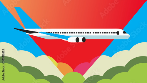 Modern airplane soars above colorful abstract mountain range at sunset.