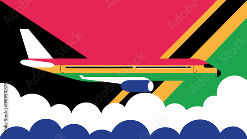 Commercial airplane flies over stylized national flag with cloud formations.