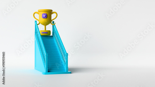Obraz na plátne Trophy on blue staircase with copy space business success metaphor 3D render