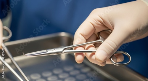 Hand Holding Surgical Dissection Scissors Over Tray