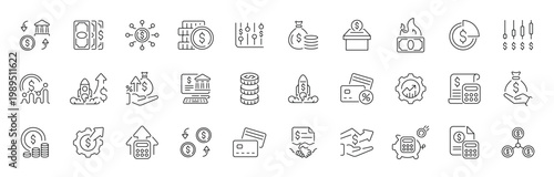 Finance and banking outline icon set with editable stroke in thin line style