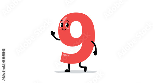Cute red cartoon character in the shape of the number nine with a happy face, arms, and legs walking on a white background.