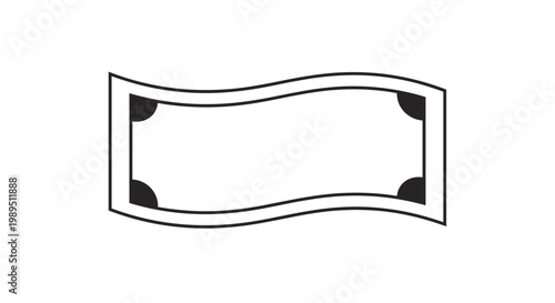 Simple black and white line icon of a waving banknote with basic decorative corners representing money or currency.