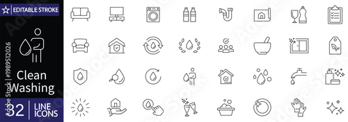 Clean washing icons set. Includes symbols of laundry, washing machine, detergent, cleaning, hygiene, and housekeeping. Editable stroke. Vector illustration. Outline icons.