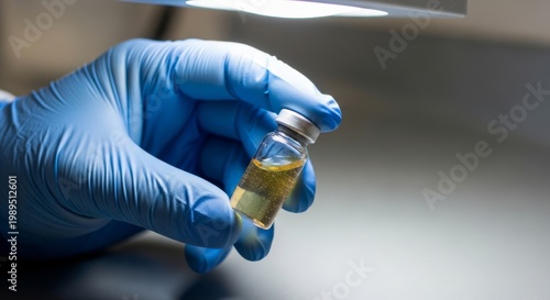 Hand in blue glove holds small medical vial