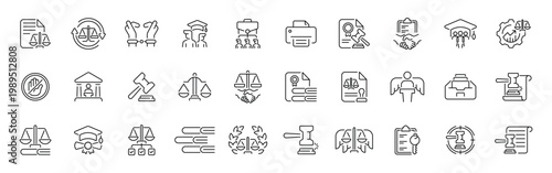 Legal justice outline icon set: editable stroke thin line law symbols for court and legal documents