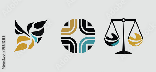 Set of modern abstract corporate logos in gold and teal geometric style, Premium minimalist emblem collection featuring scales of justice and nature symbols