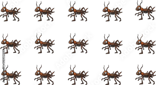 Fifteen cartoon brown ants with black outlines arranged in three rows on a white background insect