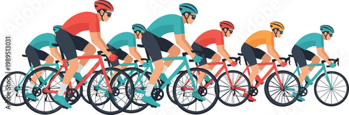 Group of cyclists in red teal and orange racing jerseys and helmets on bicycles cycling bicycle race