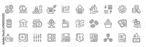Finance business outline icon set: editable stroke thin line financial symbols