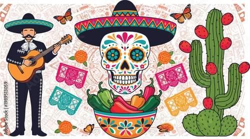 Mexican man playing guitar near colorful sugar skull prickly pear cactus and butterflies