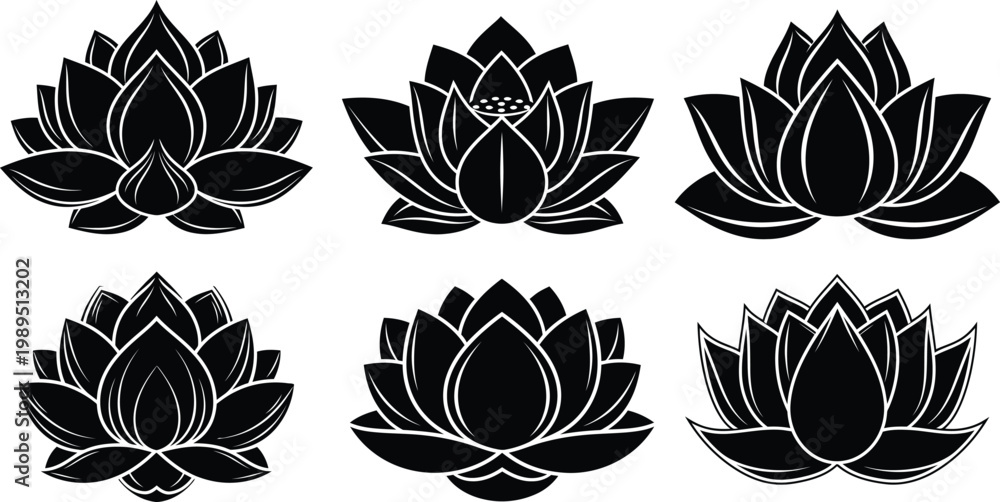 Obraz premium Six black lotus flower with white outlines on white background symbol black and white floral
