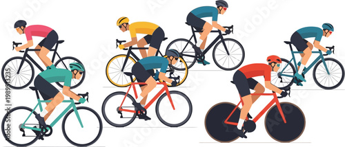 Six cyclists in colorful jerseys racing bicycles on white background cycling race sport