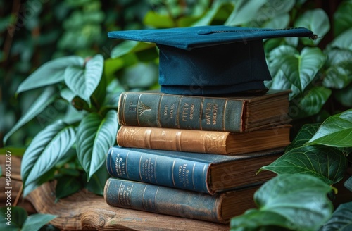 Emerald graduation cap atop vintage books, surrounded by verdant leaves on wood