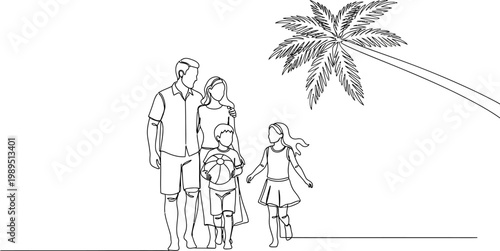 Minimalist continuous line drawing of a happy family walking on a tropical beach under a single palm tree