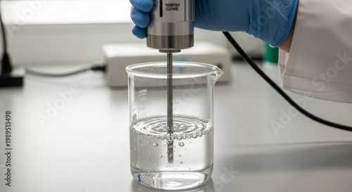 Hand with Blue Glove Uses Mixer in Laboratory Beaker