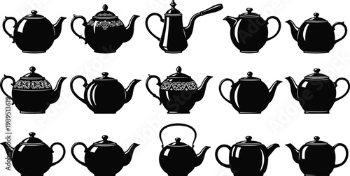 Teapot vector illustration set, vintage and modern tea pots collection, kitchen drinkware silhouettes isolated on background for design