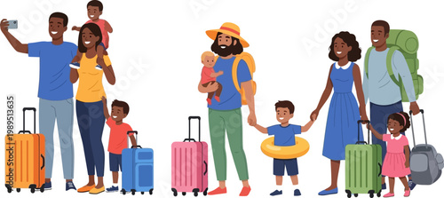 Flat vector illustration of diverse happy families with children and luggage traveling together on a summer vacation
