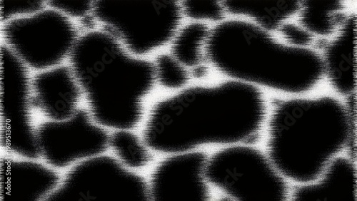 High contrast black background with glowing white organic liquid shapes, distorted grain and motion blur texture for dark mode UI design, techno aesthetics, and abstract visuals.