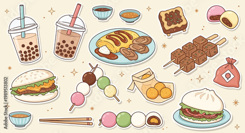 A delightful collection of Japanese street food and desserts, featuring boba tea, dango, skewers, and more, presented in a charming, hand-drawn style.