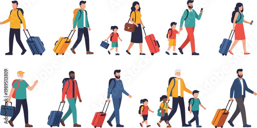 Collection of diverse travelers walking with luggage and backpacks in a flat vector illustration style for tourism