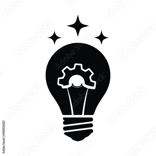 Light bulb icon with internal gear and stars for innovation concept