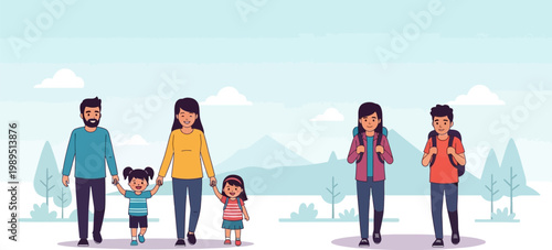 Flat vector illustration of a happy family with young children and teenagers hiking in a mountain landscape