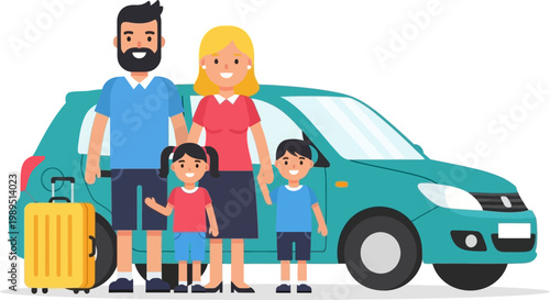 Flat vector illustration of a happy family with two children standing by a teal car for summer travel