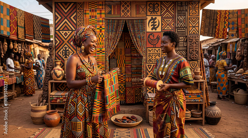 Ghanaian Women Traditional Kente Fabric Market African Culture Fashion Heritage and Handmade Textile Craftsmanship