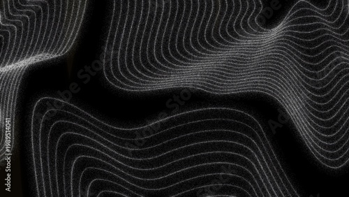 Elegant wavy white sand line art on black background, minimalist topographic contour lines with stippled grain texture for luxury branding, zen aesthetics, and modern art.