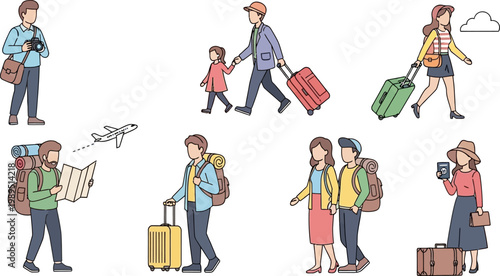 Set of diverse travelers and tourists with luggage suitcases backpacks and maps in a flat vector illustration style