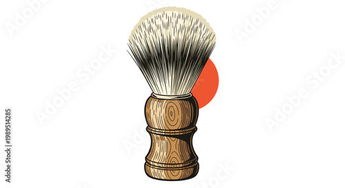 Vintage style illustration of a traditional wooden shaving brush with white and black bristles used for grooming and barbershop services.