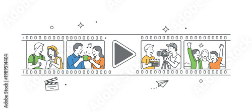 A cinematic storytelling scenario where visual sequences are captured and presented through film media, illustrated through a clean scene featuring a film strip with
